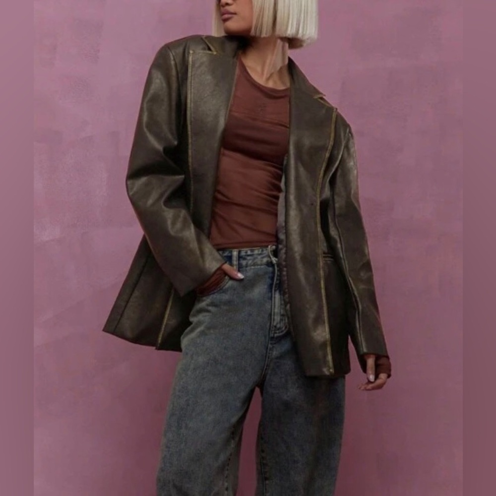 NWT MISSGUIDED Faded Print Long Faux Leather Jacket size S